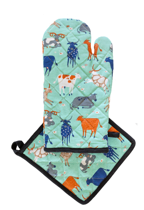 Green Cow Oven Glove and Pot Holder set